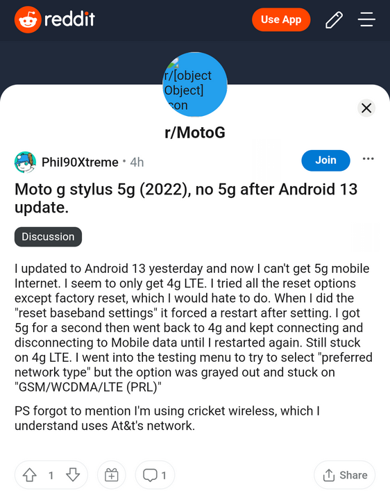No-5G-service-on-my-Moto-G-Stylus-5G-2022-after-Android-13-update - English  Motorola - MOTO COMMUNITY
